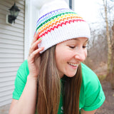 Rainbow and White Slouchy Adult Size Beanie with removable pom pom