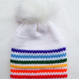 Rainbow and White Slouchy Adult Size Beanie with removable pom pom