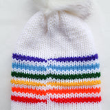 Rainbow and White Slouchy Adult Size Beanie with removable pom pom