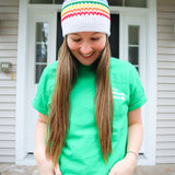 Rainbow and White Slouchy Adult Size Beanie with removable pom pom
