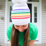 Rainbow and White Slouchy Adult Size Beanie with removable pom pom